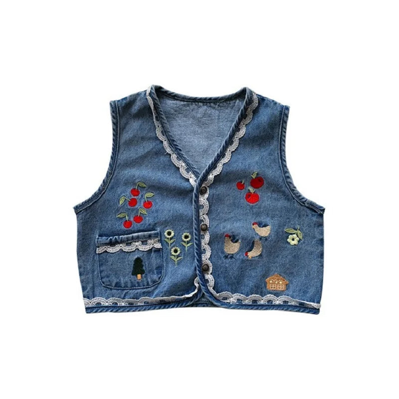 Baby and Girls Sweet Embroidered Work Single-Breasted Denim Vest Jackets School Kids Waistcoat Child Outfit Tops For 1-10 Yr