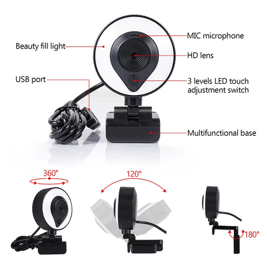 HD 13MP1080P 2K 4K Webcam PC Laptop Auto Focus Webcam Live Streaming Flexible with Microphone Live Broadcast withLight 3840x2160