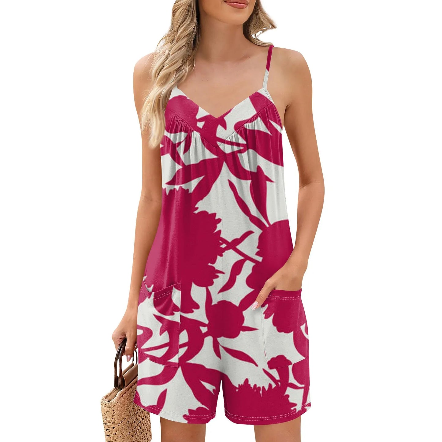 Summer Beautiful Colourful Floral Printing Daily Streetwear Playsuit Fashionable Casual Sleeveless Jumpsuit Shorts With Pockets