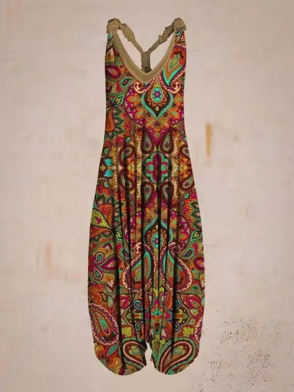 Bohemian Women's V-neck Sleeveless Jumpsuit Retro Ethnic Halter Top Harem Pants Beach Fashionable Casual Floral Print Jumpsuit