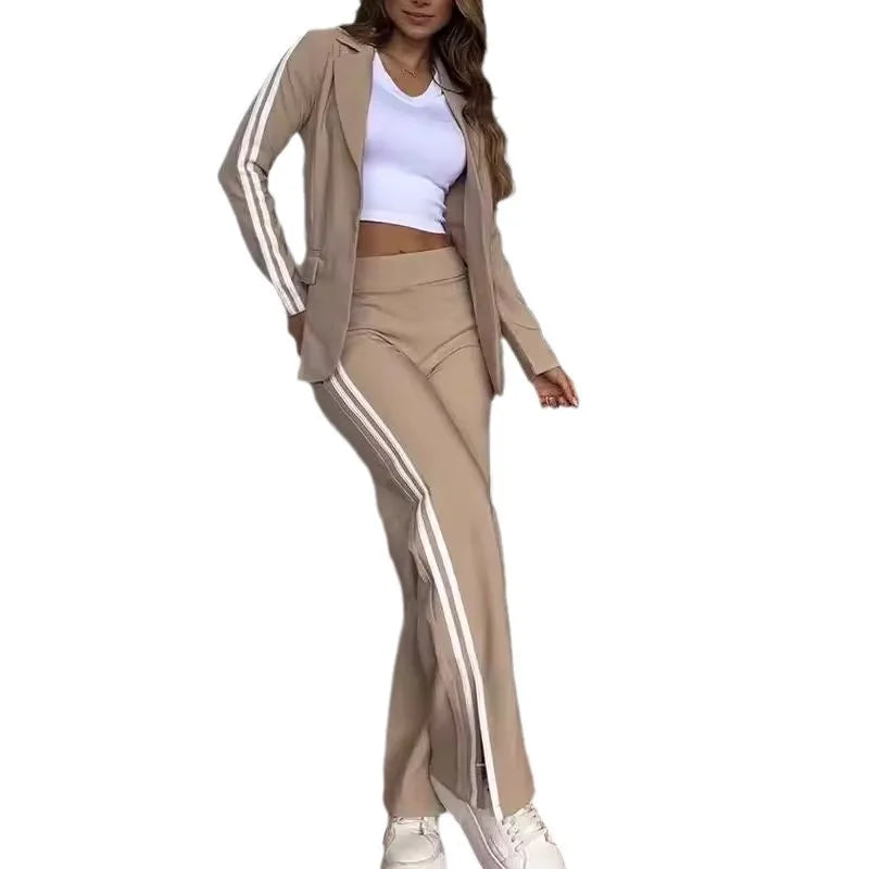 Women 2 Piece Sets Suit Jacket Wide Leg Pants Turn Down Collar Pockets Striped Blazer Coat Trousers 2025 Office Lady Outfits