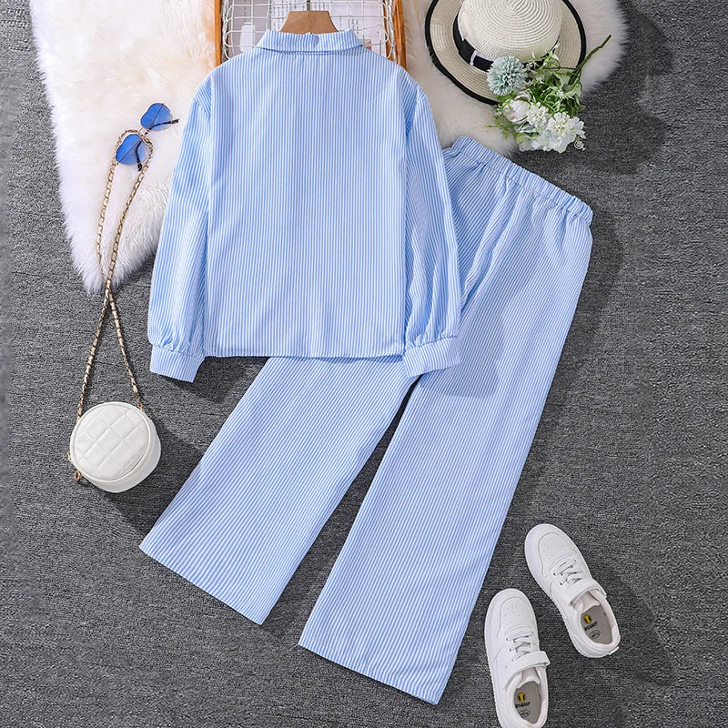 Kids Costume Suit For 4-12 Years Girls Pink Striped Long Sleeve Lapel Cardigan Shirt & Pants Daily Causal Style Comfortable Suit