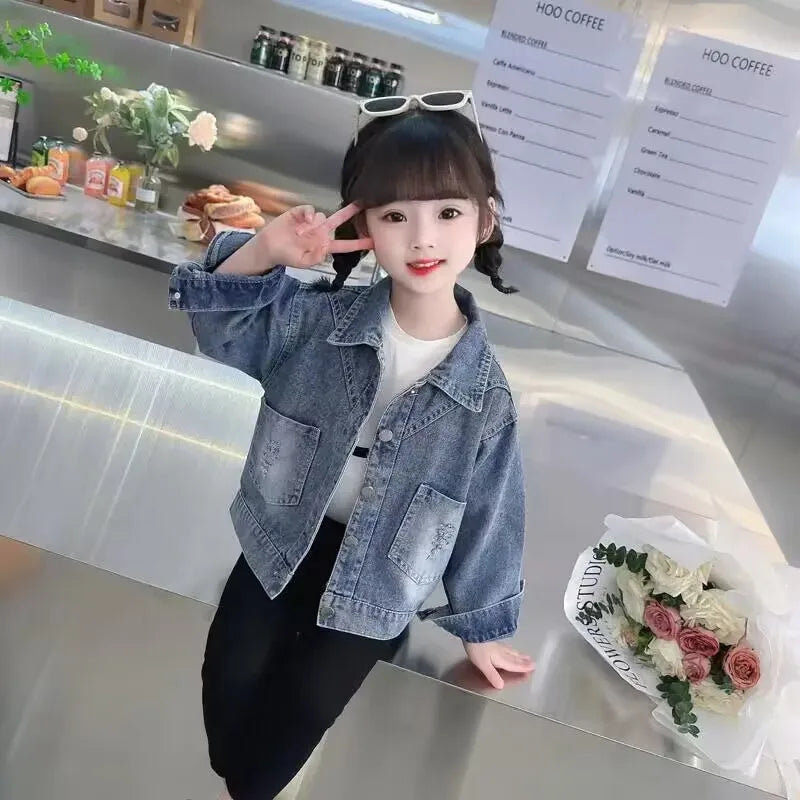 Kids Girls Denim Coat 2024 Spring and Autumn Jacket New Children's Cartoon Casual Jacket Baby Top Fashionable