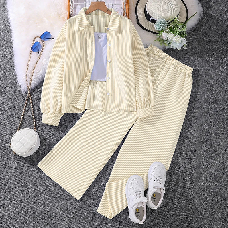 Kids Costume Suit For 4-12 Years Girls Pink Striped Long Sleeve Lapel Cardigan Shirt & Pants Daily Causal Style Comfortable Suit