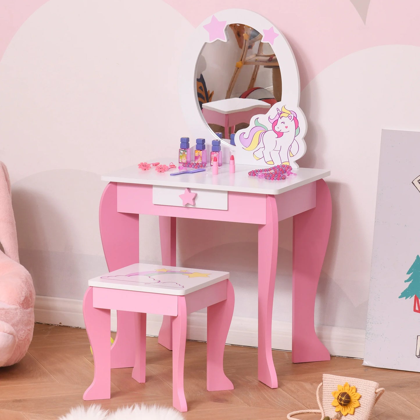 HOMCOM Unicorn-Designed Girls Dressing Table with Mirror for Toddles Girls Age 3-6 Years, Acrylic Mirror, Pink and White