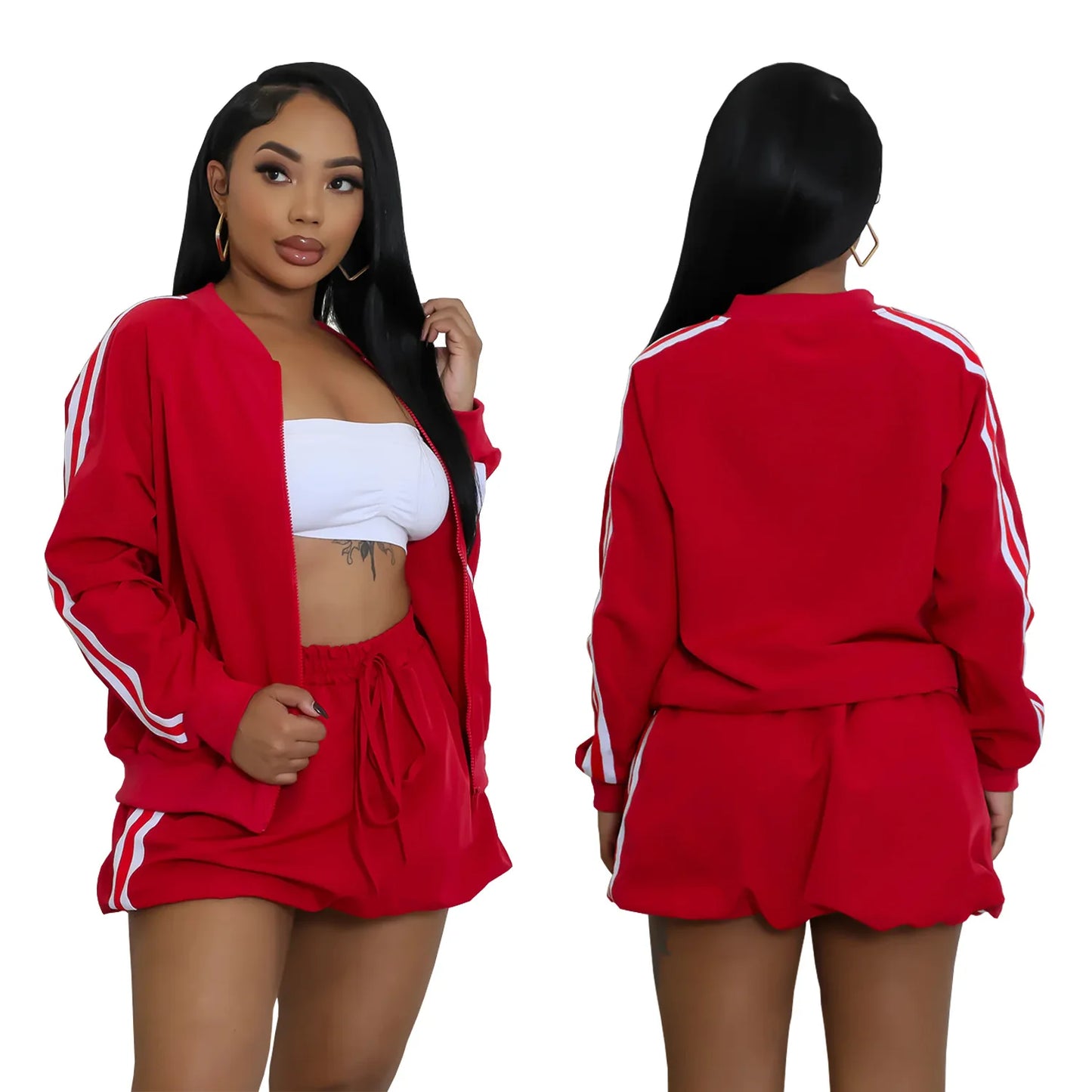 CM.YAYA Women's Set Full Sleeve Striped Coats Top + Short Skirts Spring Active Sporty Street Two 2 Piece Sets Outfits Tracksuit