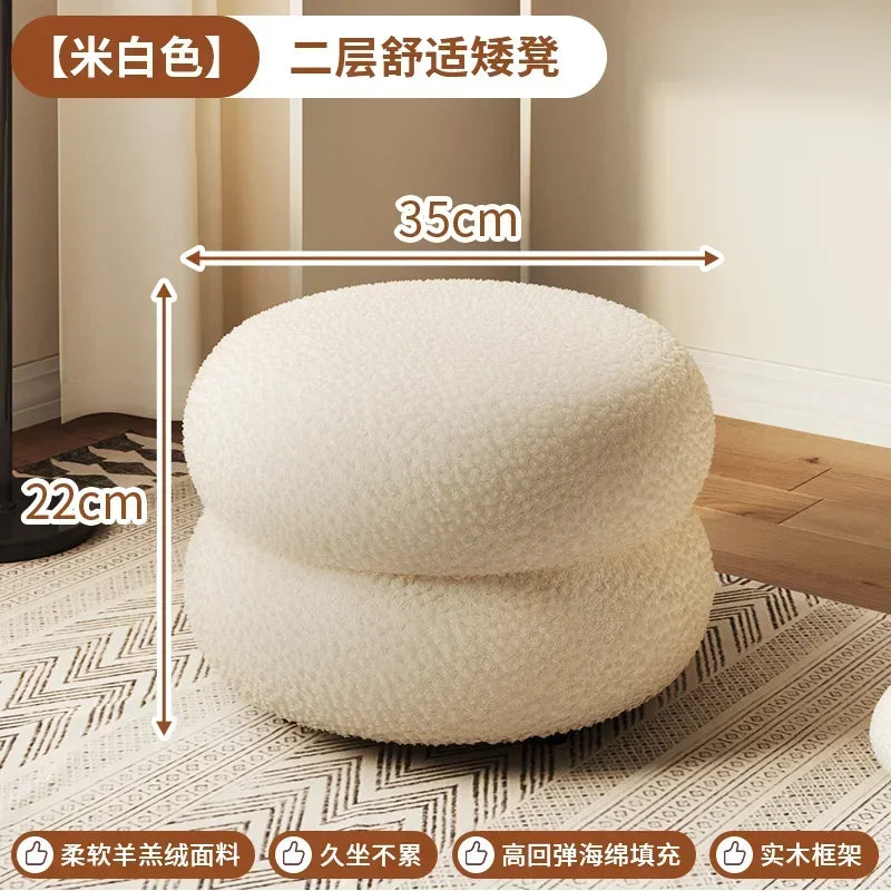 Creamy Household Stool for Girls, Makeup Seat, Bedroom Vanity Chair, Soft Lamb Wool Pouf, Minimalist Manicure, Round Ottoman