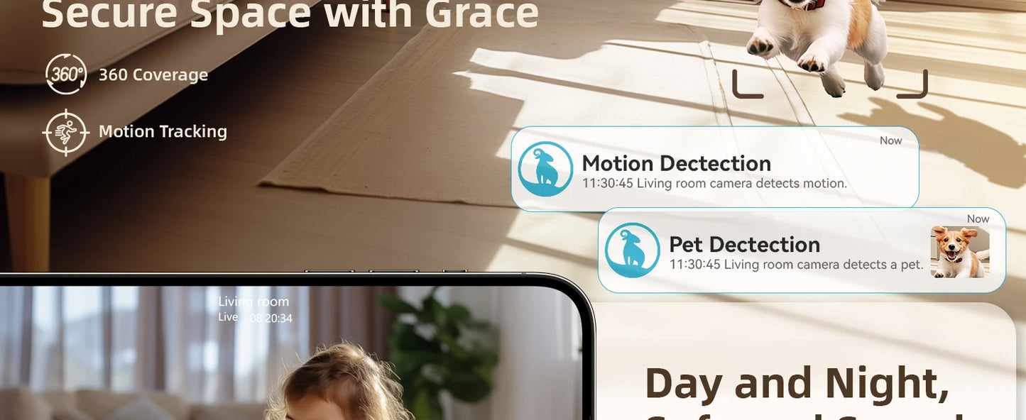2.4＆5G WiFi Indoor Camera, 2K, 360° PTZ Pet Dog IP CCTV Camera with Phone App, 2-Way Talk, Night Vision, for Home Securi