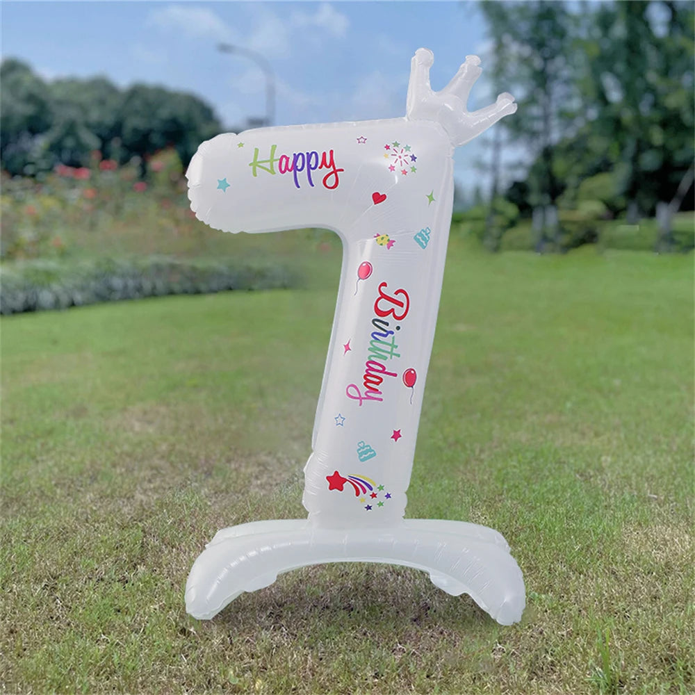 32inch White Crown Number Standing Balloon 0-9 Digital Balloons For Children's Happy Birthday Party Anniversary Decoration Golob