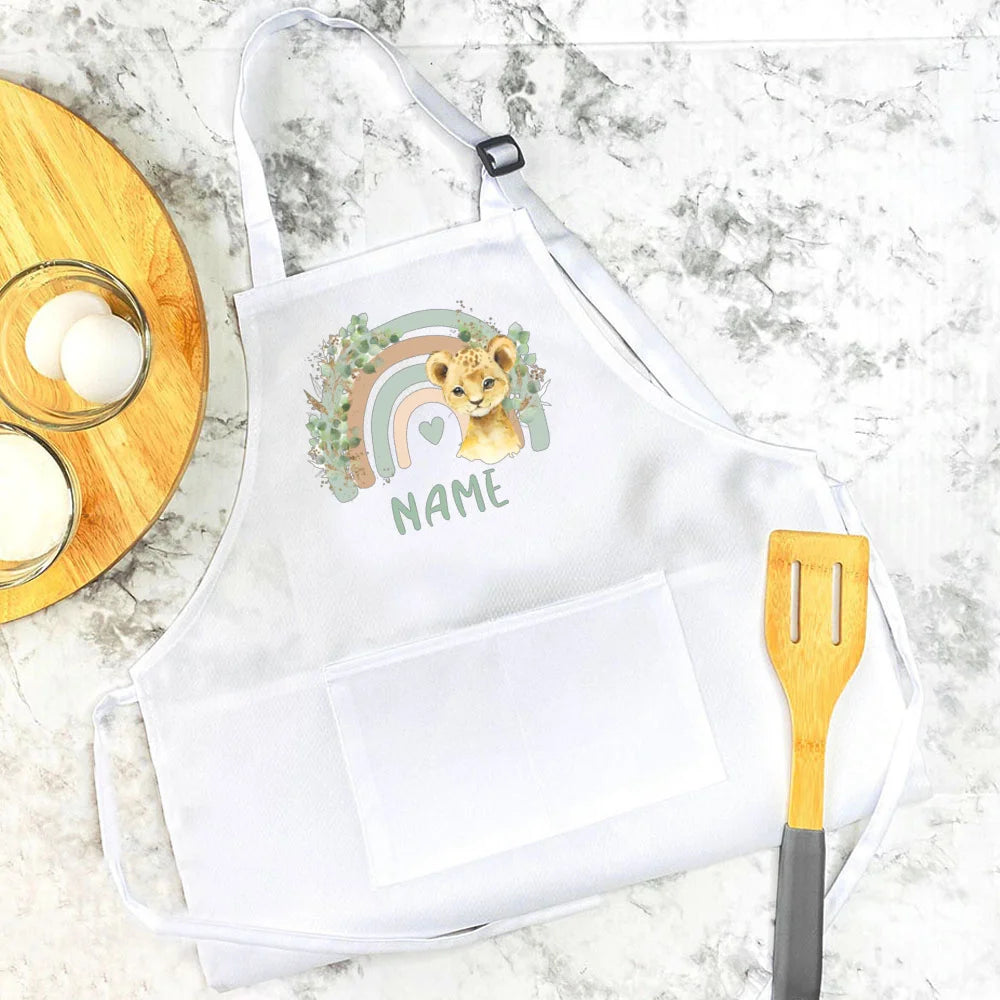 Personalised Child Apron Rainbow  Safari Animals with Name Apron Boys Girls Cooking Baking Apron Custom Birthday Gift for Kids