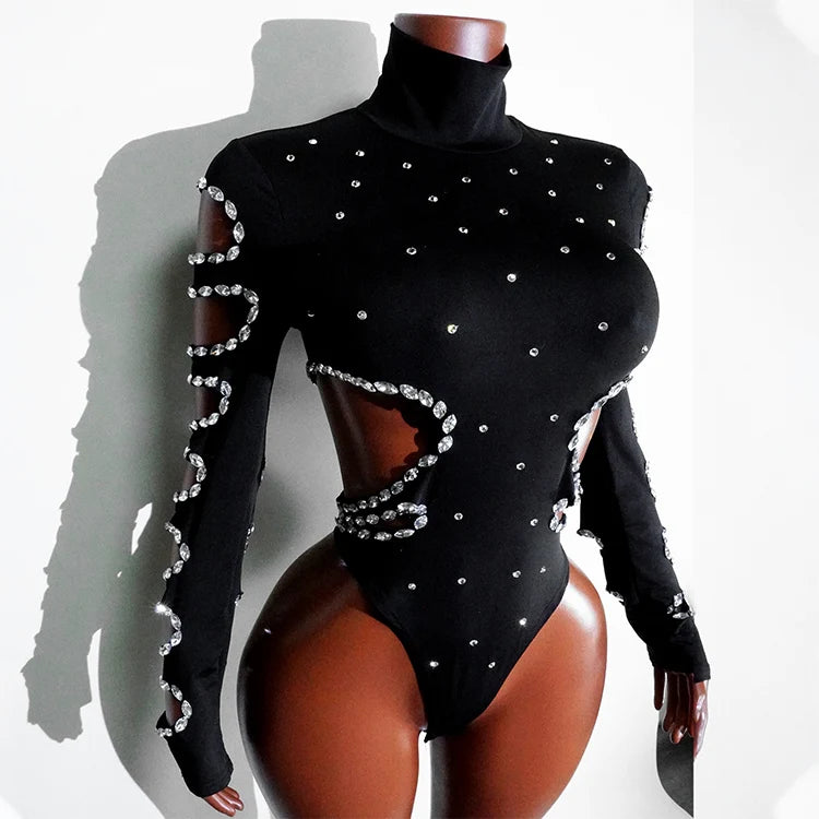 Drag Queen Outfit Sparkly Black Hollow Sexy 2 Piece Crystal Women Evening Prom Celebrate Birthday NightClub Performance Costume