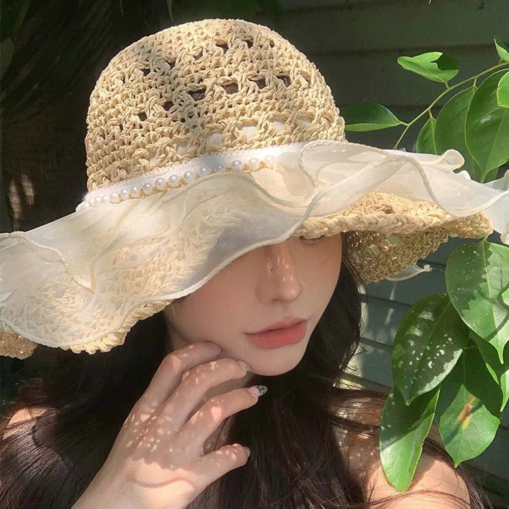 Beige Portable Lace Pearls Sun Cap Hollow Out Polyester Straw Weaving Beach Hat Breathable Thin Big Brimmed Woven Cap Women