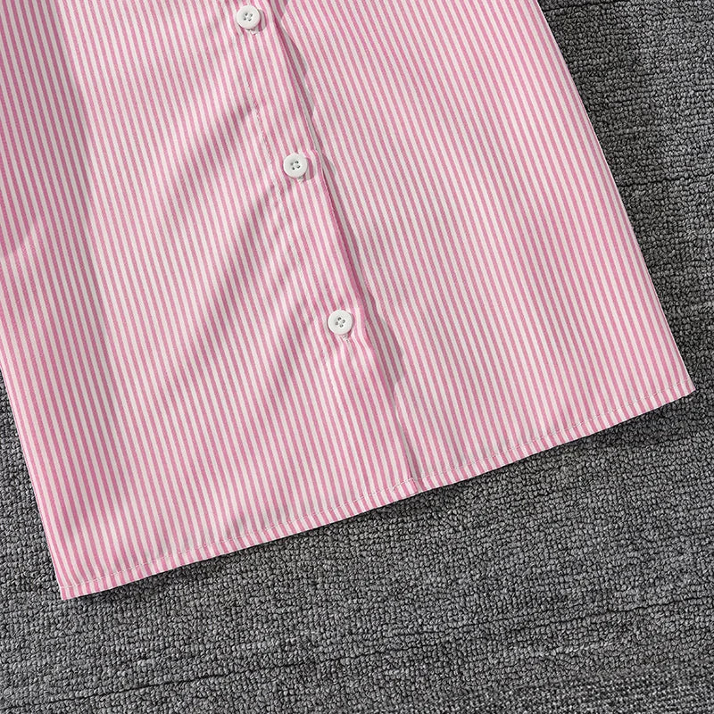Kids Costume Suit For 4-12 Years Girls Pink Striped Long Sleeve Lapel Cardigan Shirt & Pants Daily Causal Style Comfortable Suit