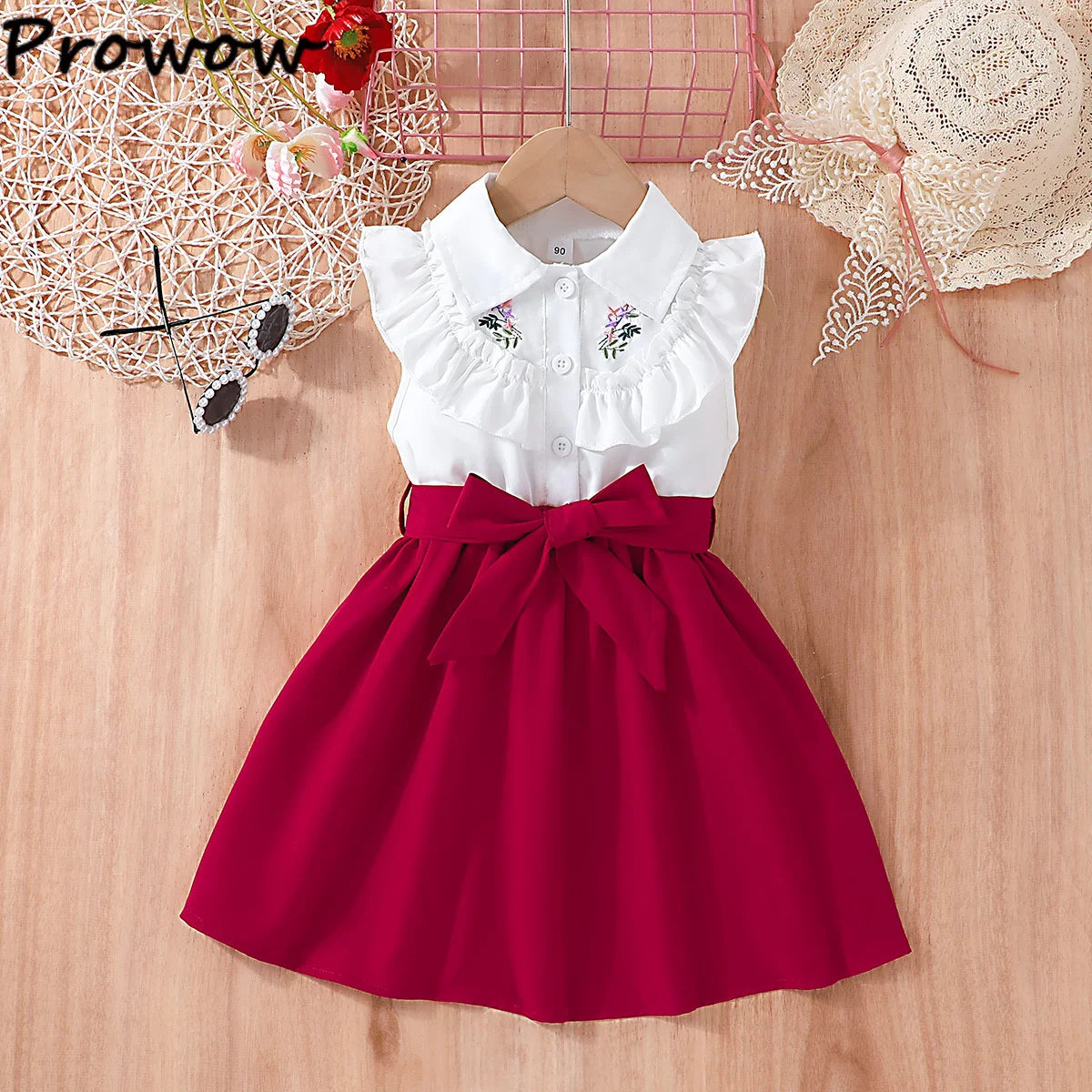 Prowow Lady Girl's Dresses Sleeveless Embroidery Floral Lotus Dress Turn-Down Collar Patchwork Shirt Dress For Girls With Belt