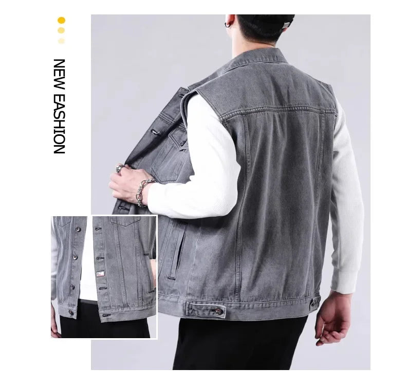 American Style Casual Men's Denim Jacket Loose Cool Retro Workwear Jacket Versatile Leisure Vest for Spring And Autumn