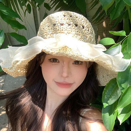 Beige Portable Lace Pearls Sun Cap Hollow Out Polyester Straw Weaving Beach Hat Breathable Thin Big Brimmed Woven Cap Women