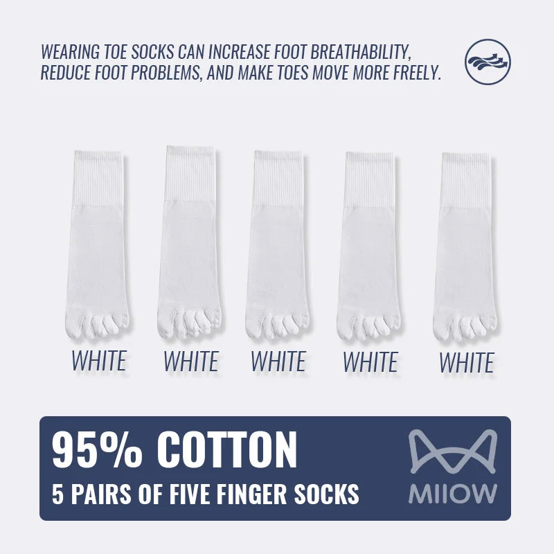 MiiOW 5Pairs Men Five Finger Long Socks Set Lycra Band Deodorant Antibacterial Sports Split Toe Stocking Causal Pure Cotton Sock