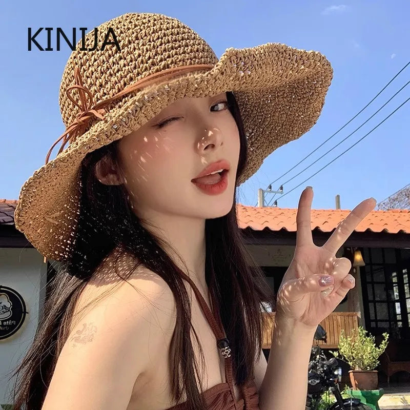 Holiday Sle Beach Fisherman Hat Seaside Sun Protection Sun Hat Large Brim Bow Woven Straw Hat Women Panama Chapeau Korean