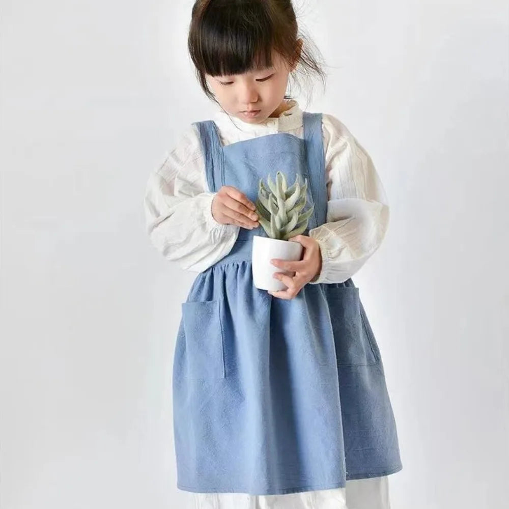 Kawaii Japanese Style Kids Apron Dress Solid Color Cotton Coffee Aprons Cross-back Soft Gardening Overalls Kitchen Accessories