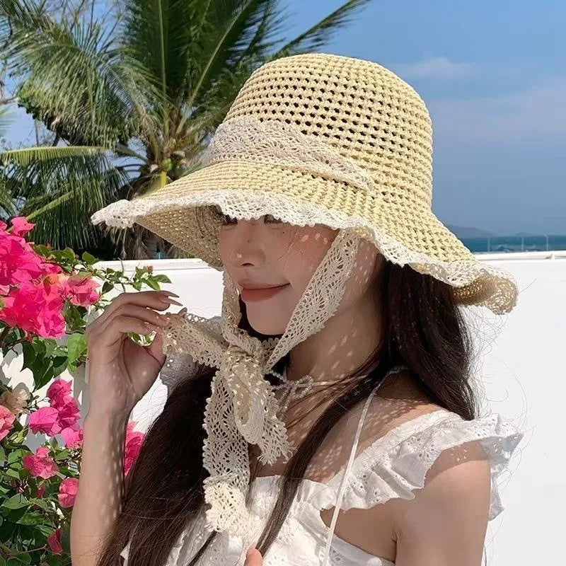 Lace Bow Women Straw Hat Wide Brim Hollow Out Grass Handwoven Visors Bucket Cap Korean Girl Beach Tour Foldable Sunshade Hats