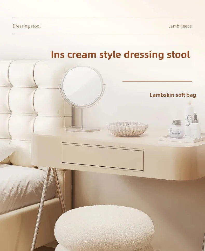Creamy Household Stool for Girls, Makeup Seat, Bedroom Vanity Chair, Soft Lamb Wool Pouf, Minimalist Manicure, Round Ottoman