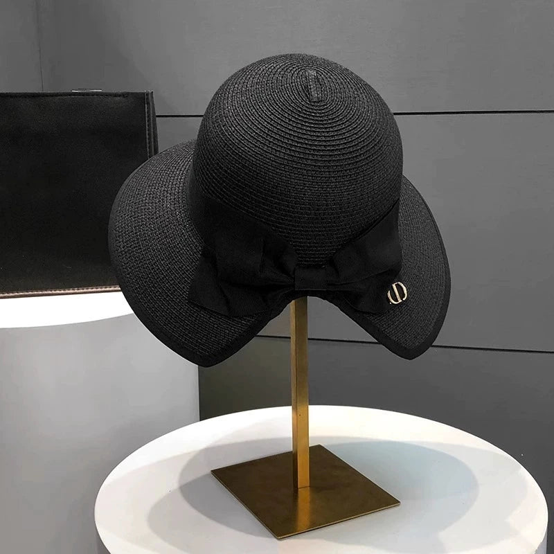Summer Girls Sun Hats Wide Brim Bowknot Straw Hat with Ribbon Outdoor Sun Protection Women Hats Soild Color Ladies Panama Caps