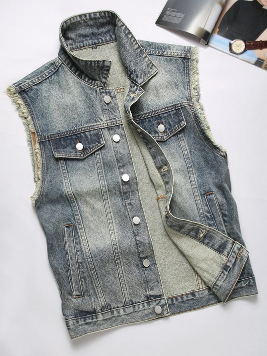 Men's Spring/Autumn Denim Sleeveless Vest. Fringed details. Casual and trendy.