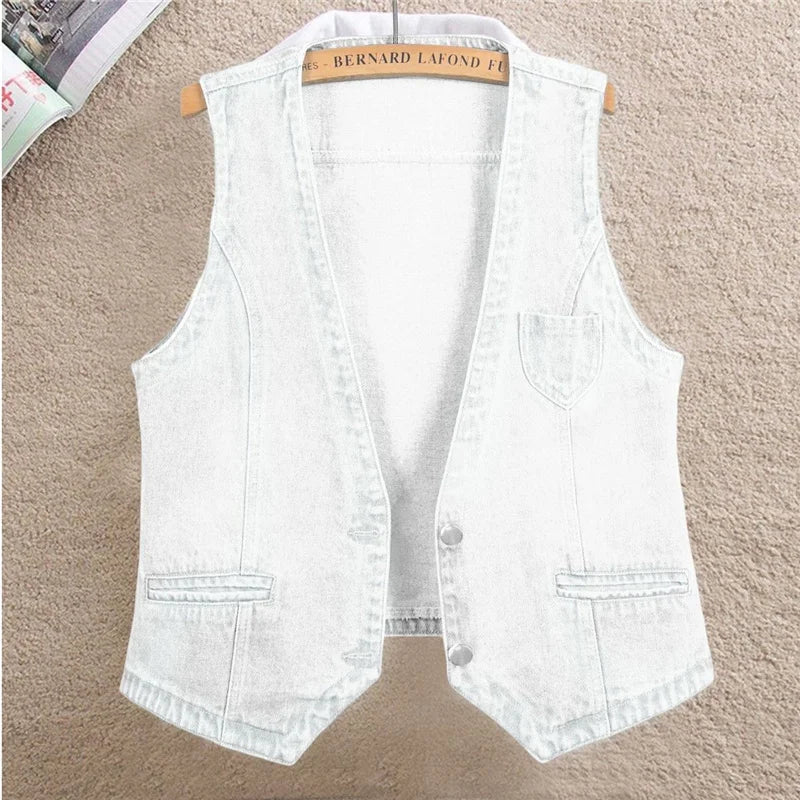 Fashion Denim Vest Female Streetwear V Neck Women Vest Summer Large Size Waistcoat Jeans Tops Sleevless Jacket Chaleco Mujer 6XL