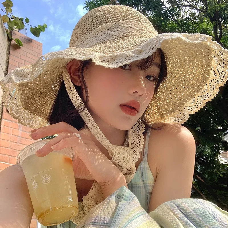 Lace Bow Women Straw Hat Wide Brim Hollow Out Grass Handwoven Visors Bucket Cap Korean Girl Beach Tour Foldable Sunshade Hats