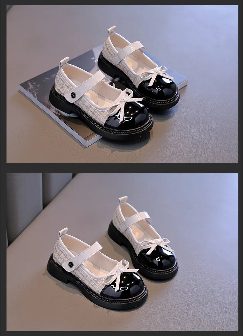 Butterfly Knot Anti Slip Round Toe Girls Leather Shoes Spring Autumn Outdoor PU Sweet Princess Leather Shoes Sandalias De Mujer