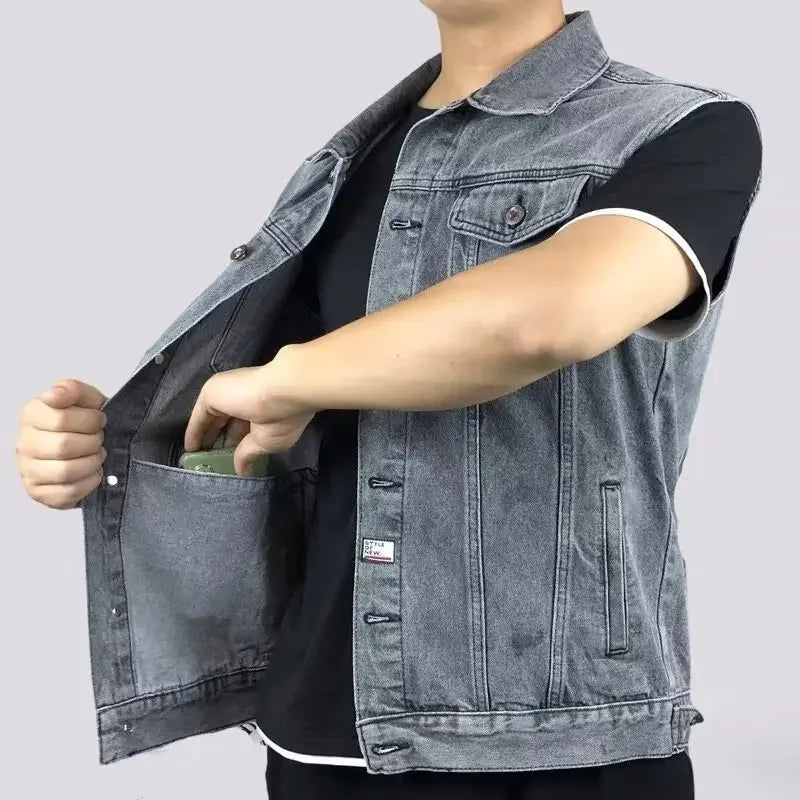 Men's Denim Vest Sleeveless Multi-Pocket Solid Color Spring Autumn Fashion Outerwear Casual Style Pure Color Top Coat