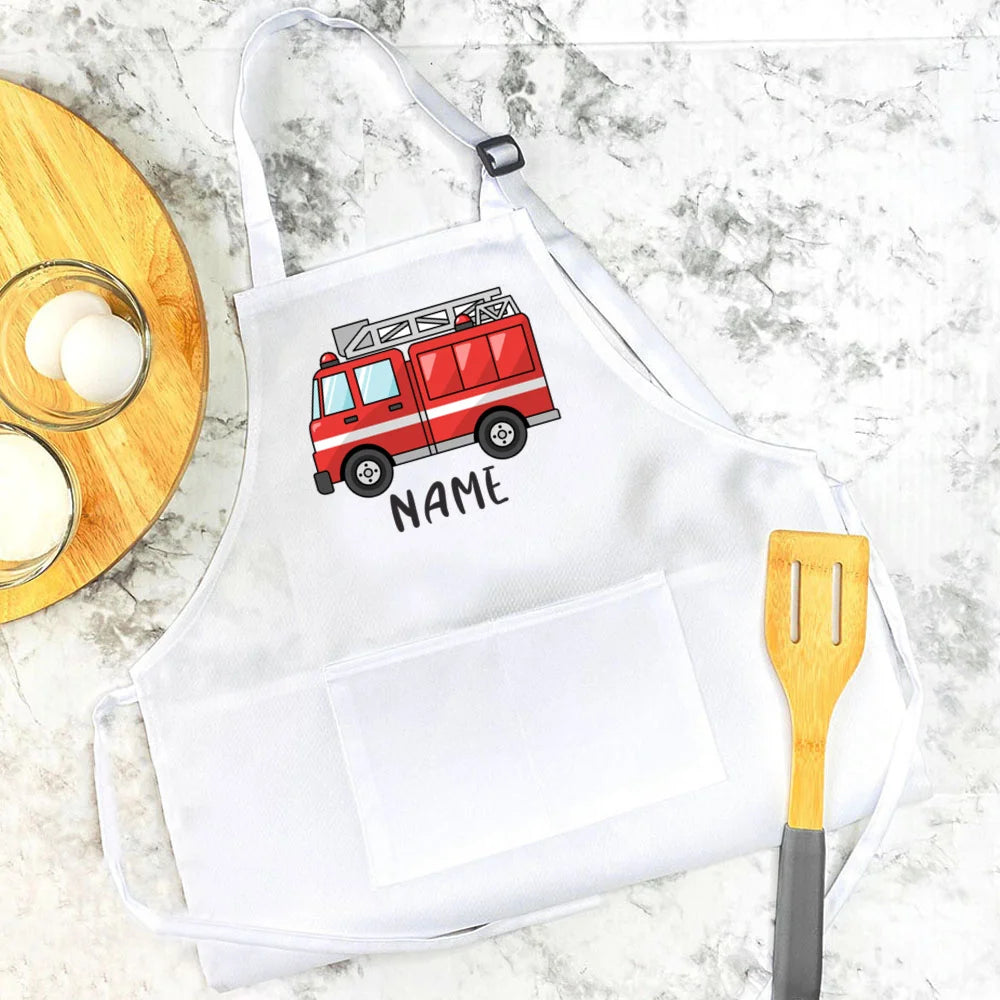 Personalised Apron Child's Fire Truck Name Apron Christmas Birthday Gift Baking Apron Toddler Apron Custom Kids Cooking Apron