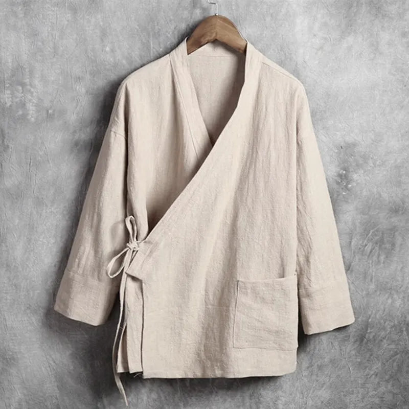 Men's linen vest Men's shirt Long sleeved Chinese official collar Traditional Kung Fu Tang casual social shirt Plus size shirt