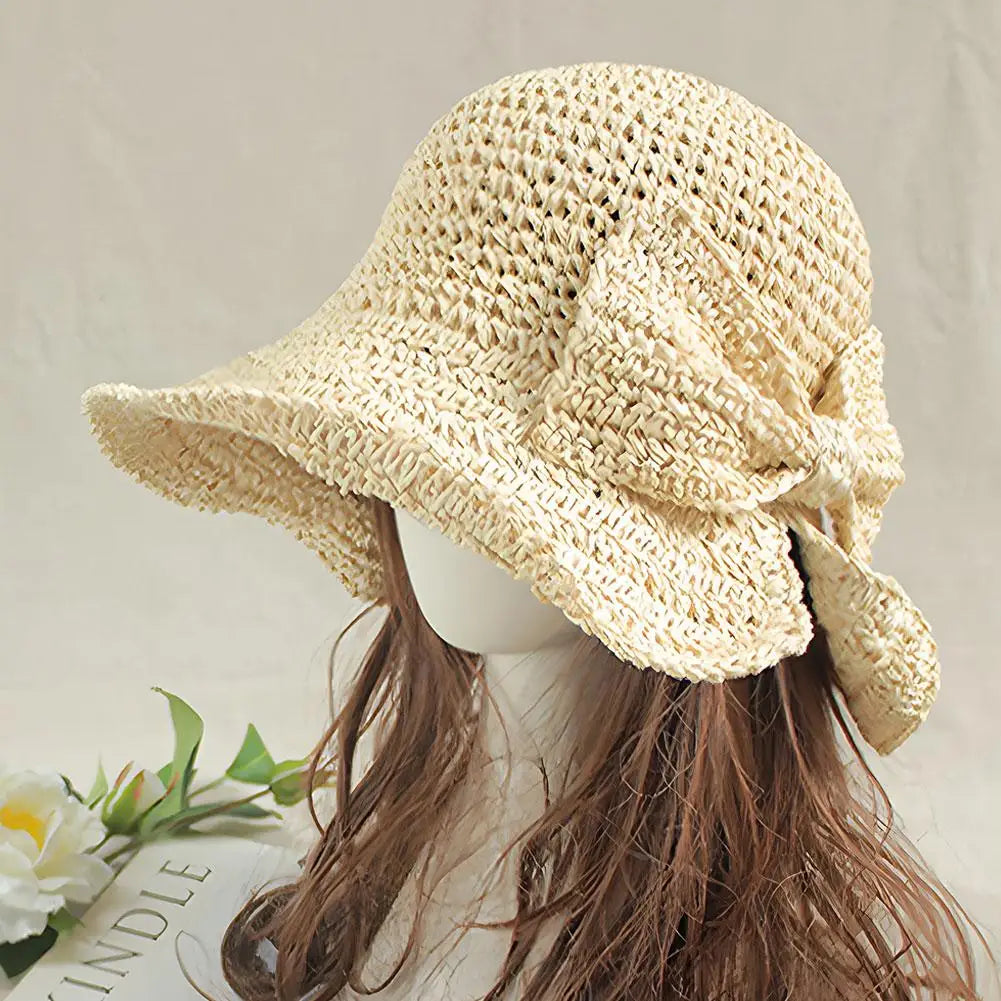 Women's Foldable Straw Sun Hat with Bow Wide Brim Beach Hat for Summer Lightweight Breathable Day Style Sun Protection