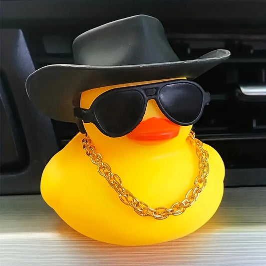 1PC cute yellow duck car ornament with black cowboy hat and sunglasses, car decoration, holiday gift