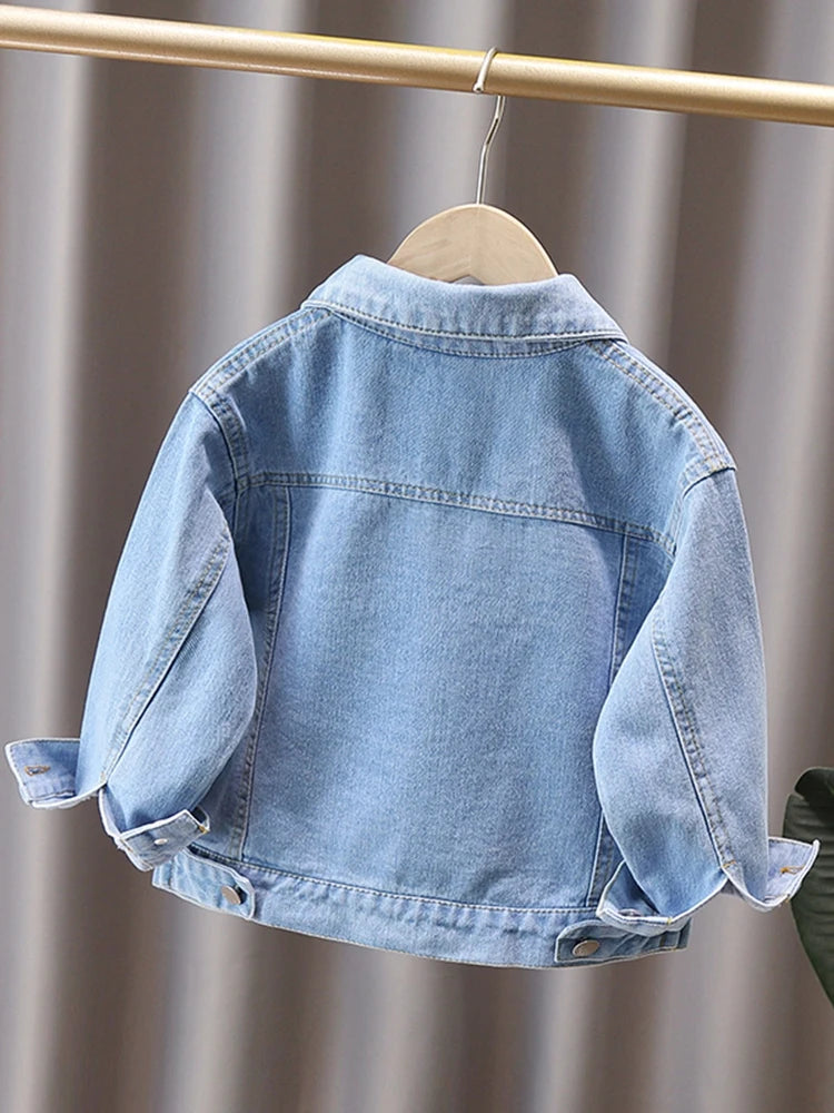 2024 Spring and Autumn Boys Simple Pocket Long sleeved Lapel Single breasted Denim Coat Casual Coat 1-8Y