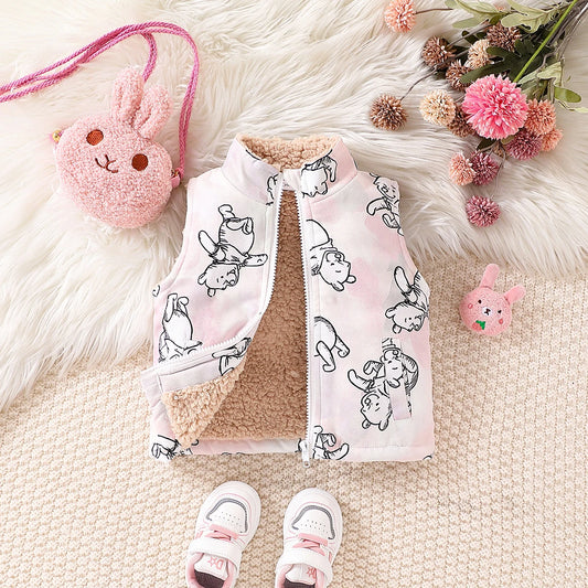 Winter baby girl fashion cute cartoon bear full body printed slanted pocket design with velvet stand up collar zipper vest