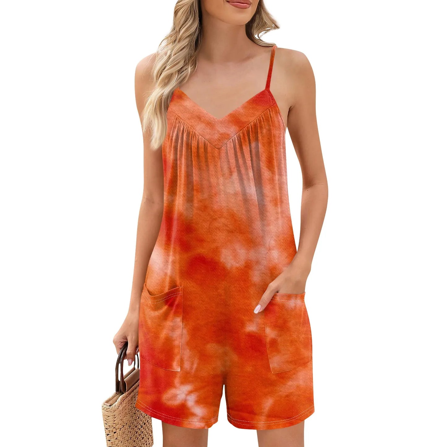 Summer Beautiful Colourful Floral Printing Daily Streetwear Playsuit Fashionable Casual Sleeveless Jumpsuit Shorts With Pockets
