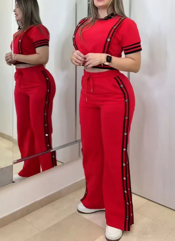 Fashion Rivet T Shirt Short Sleeved Long Pants Women's Set Autumn Casual Striped Red Slit Straight through Long Pants Sports Set