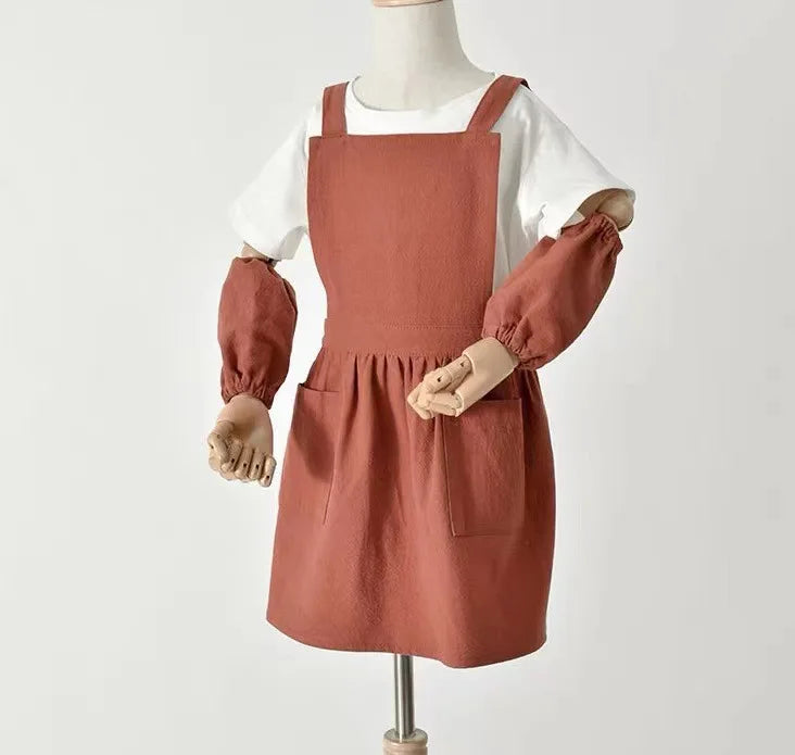 Kawaii Japanese Style Kids Apron Dress Solid Color Cotton Coffee Aprons Cross-back Soft Gardening Overalls Kitchen Accessories