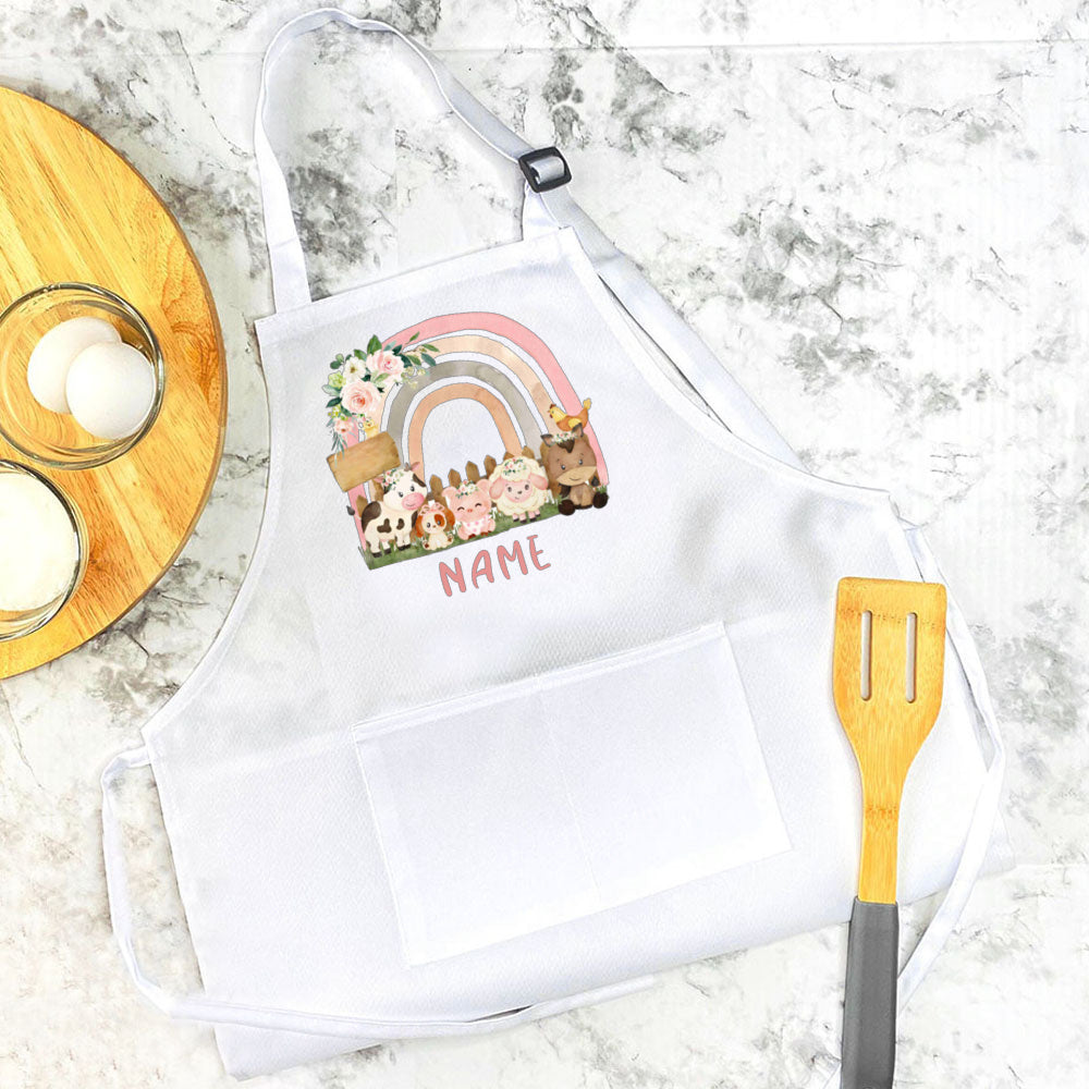 Personalised Child Apron Rainbow  Safari Animals with Name Apron Boys Girls Cooking Baking Apron Custom Birthday Gift for Kids