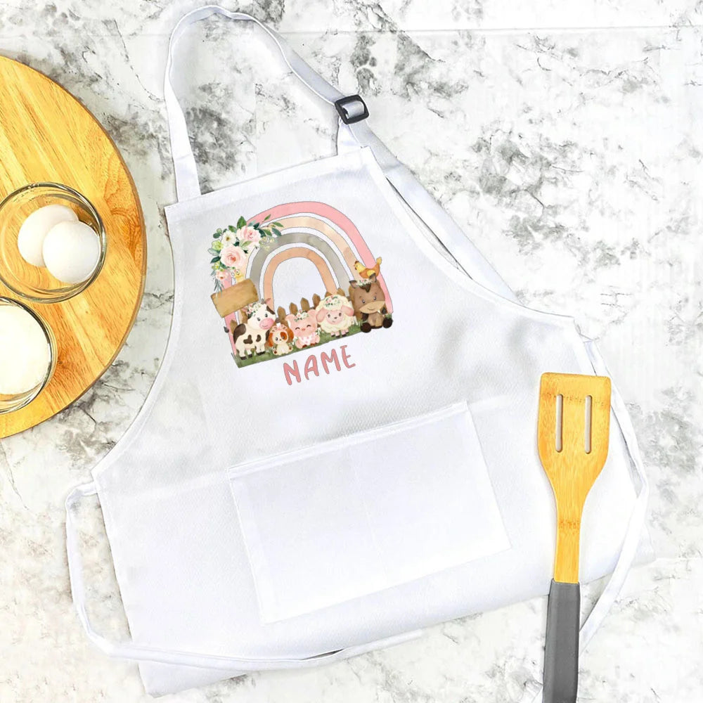 Personalised Child Apron Rainbow  Safari Animals with Name Apron Boys Girls Cooking Baking Apron Custom Birthday Gift for Kids