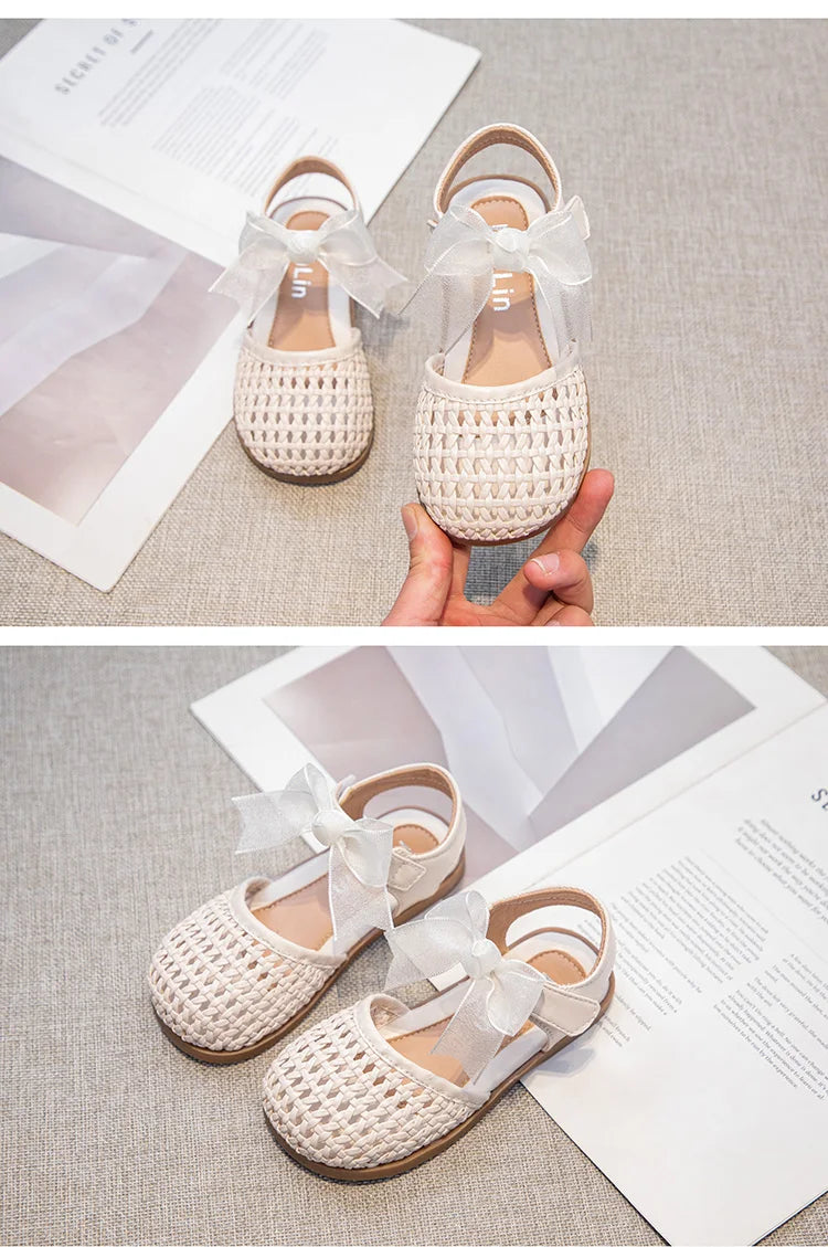 Braided Sandal for Girl Princess Summer Shoe Child Soft Sole Close Toed Butterfly Beach Shoe Kids Casual Shoe Beige Brown Silver