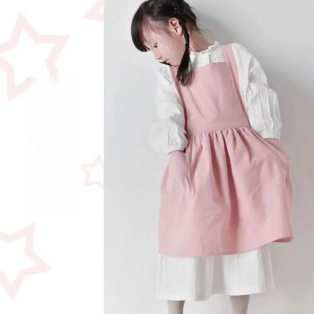 Kawaii Japanese Style Kids Apron Dress Solid Color Cotton Coffee Aprons Cross-back Soft Gardening Overalls Kitchen Accessories