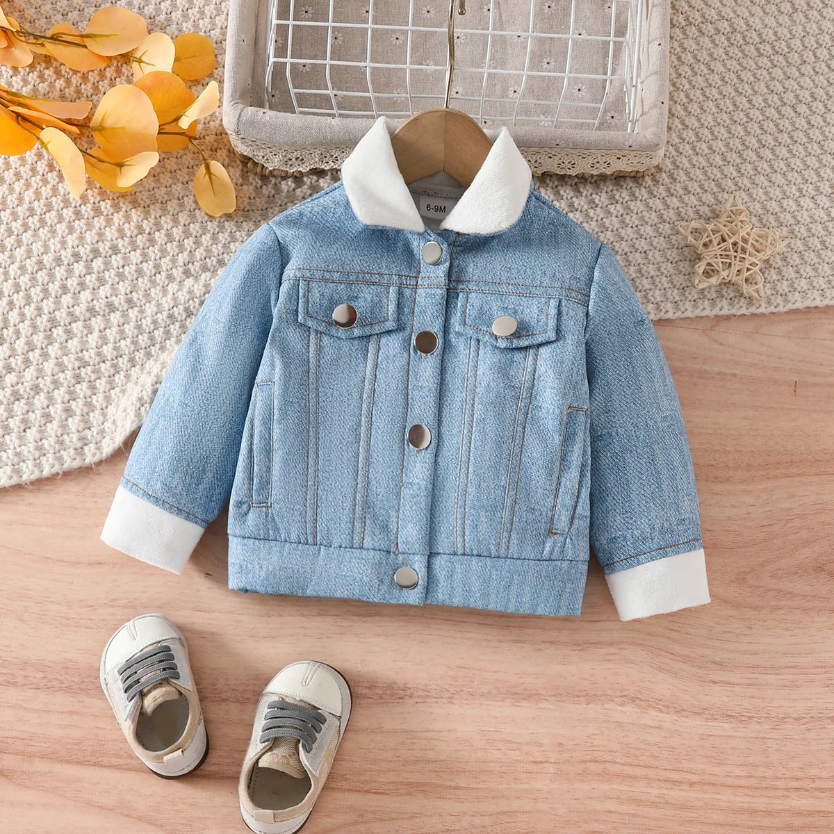 3-36 Months Baby's Winter Thick Stuffed Fashion Casual Imitation Denim Print Coat Fake Pocket Lapel Jacket Coat