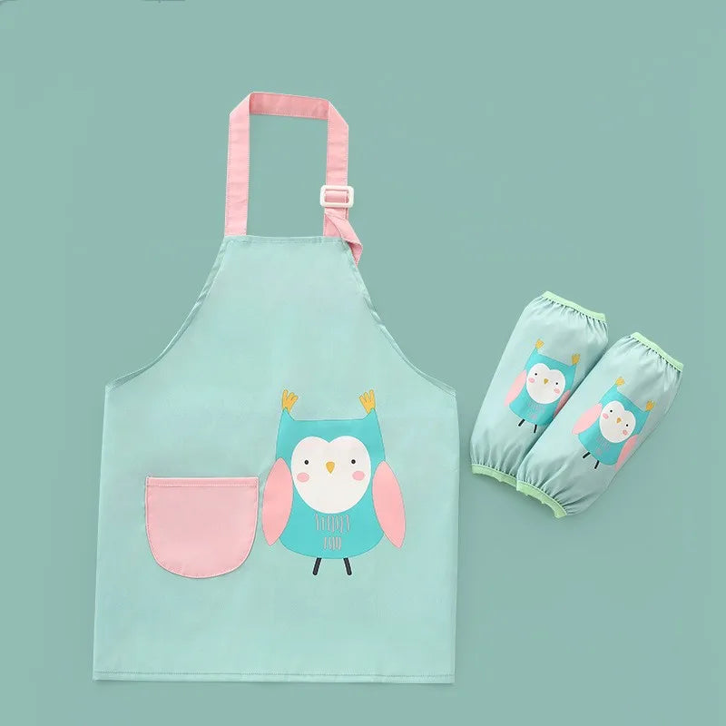 Cute Cartoon Children Apron with Sleeves Set Baby Bibs Kids Craft Art Apron Kitchen Cooking Suit Toddler Burp Cloths for 3-12Y