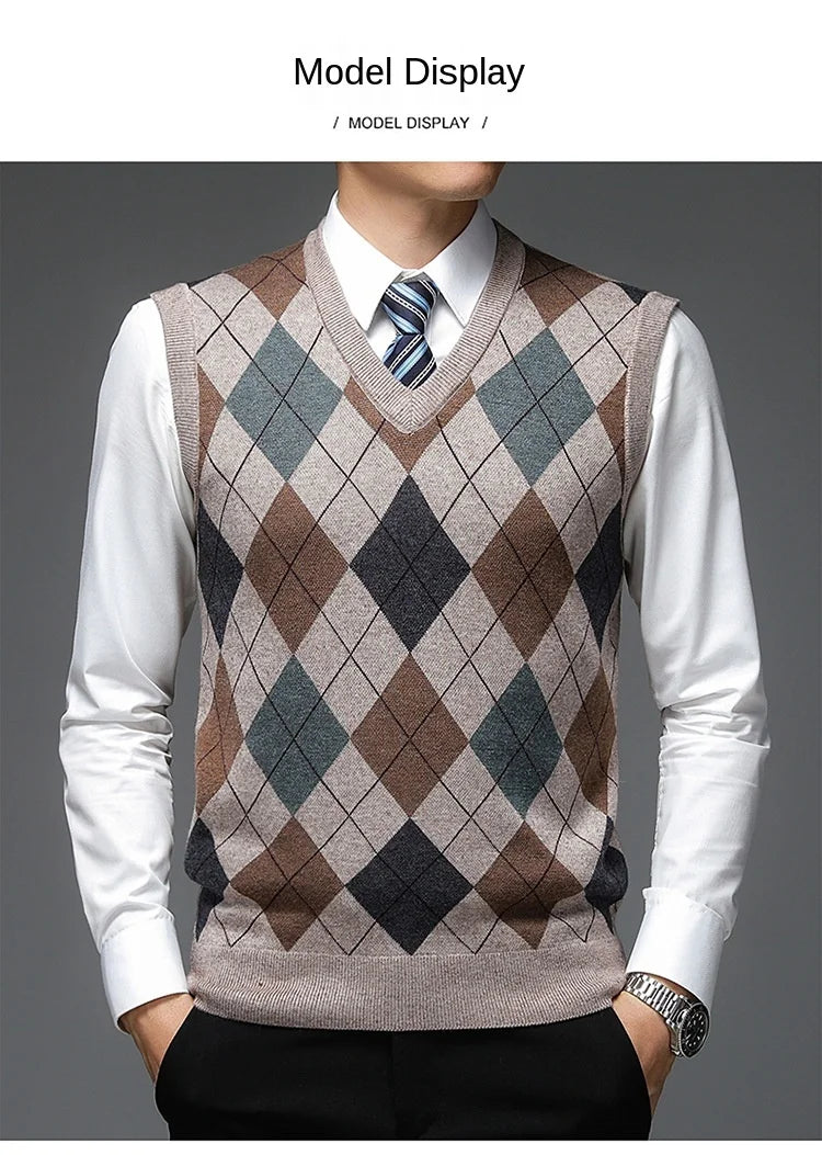 New Autum Fashion Designer Brand Argyle Pullover Diamond Sweater V Neck Knit Vest Men 6% Wool Sleeveless Casual Men Clothing