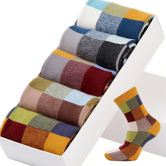 5 Pairs Combed Cotton Men's Socks Compression Socks Fashion Colorful Square Stripe Happy Dress Socks Men Size 39-45