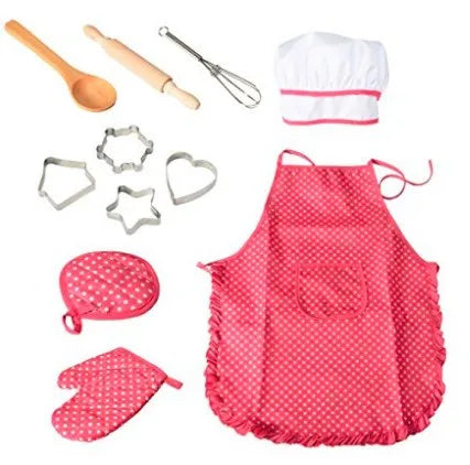 11 pcs/set Apron for Little Girls Kids Cooking Baking Set Chef Hat Mitt & Utensil for Toddler Dress Up Chef Costume Role Play