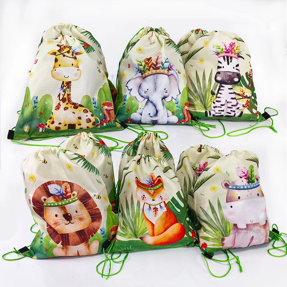 6/12//24/30pcs Jungle Animal Drawstring Bags Jungle Wild Animals Party Favors Kids Jungle Animals Birthday Party Supplies